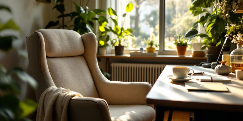 Cozy workspace with plants and a cup of tea.