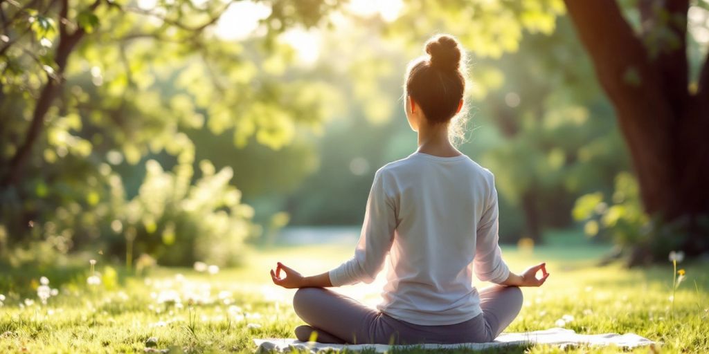 Person meditating outdoors in a peaceful natural setting.