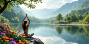 Person practicing yoga by a calm lake in nature.