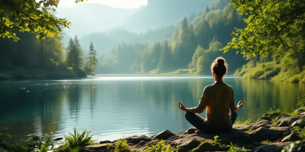 Person meditating by a tranquil lake in nature.