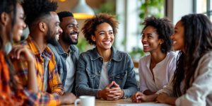 Group of friends enjoying a cheerful conversation outdoors.