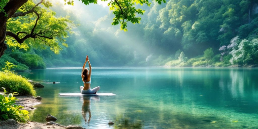 Person practicing yoga by a tranquil lake in nature.