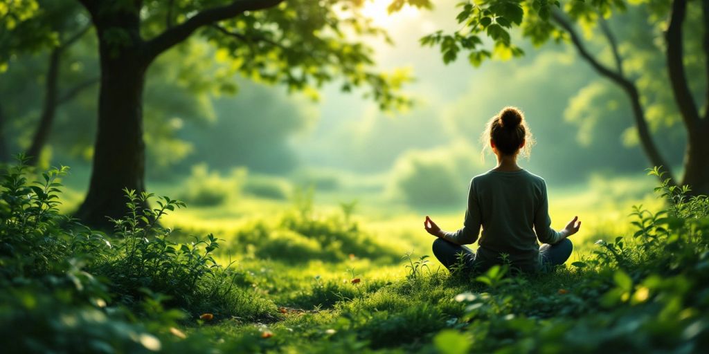 Person meditating in a peaceful natural setting.