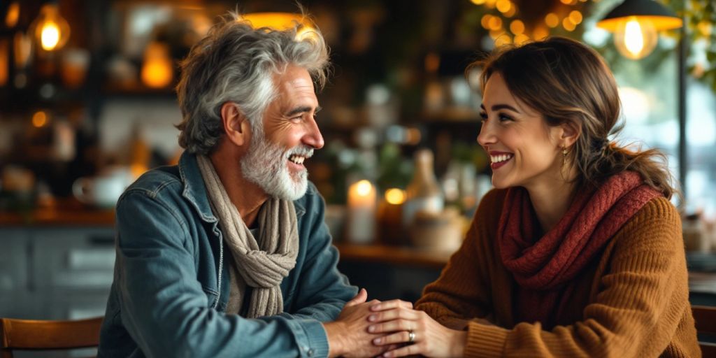 Two people having a heartfelt conversation in a café.